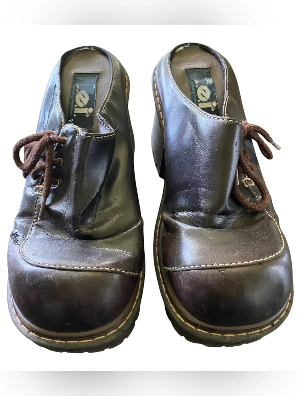 Vintage LEI Y2K Chunky Brown Faux Leather Heel Platform Slip On Mule Shoe Sz 7.5
